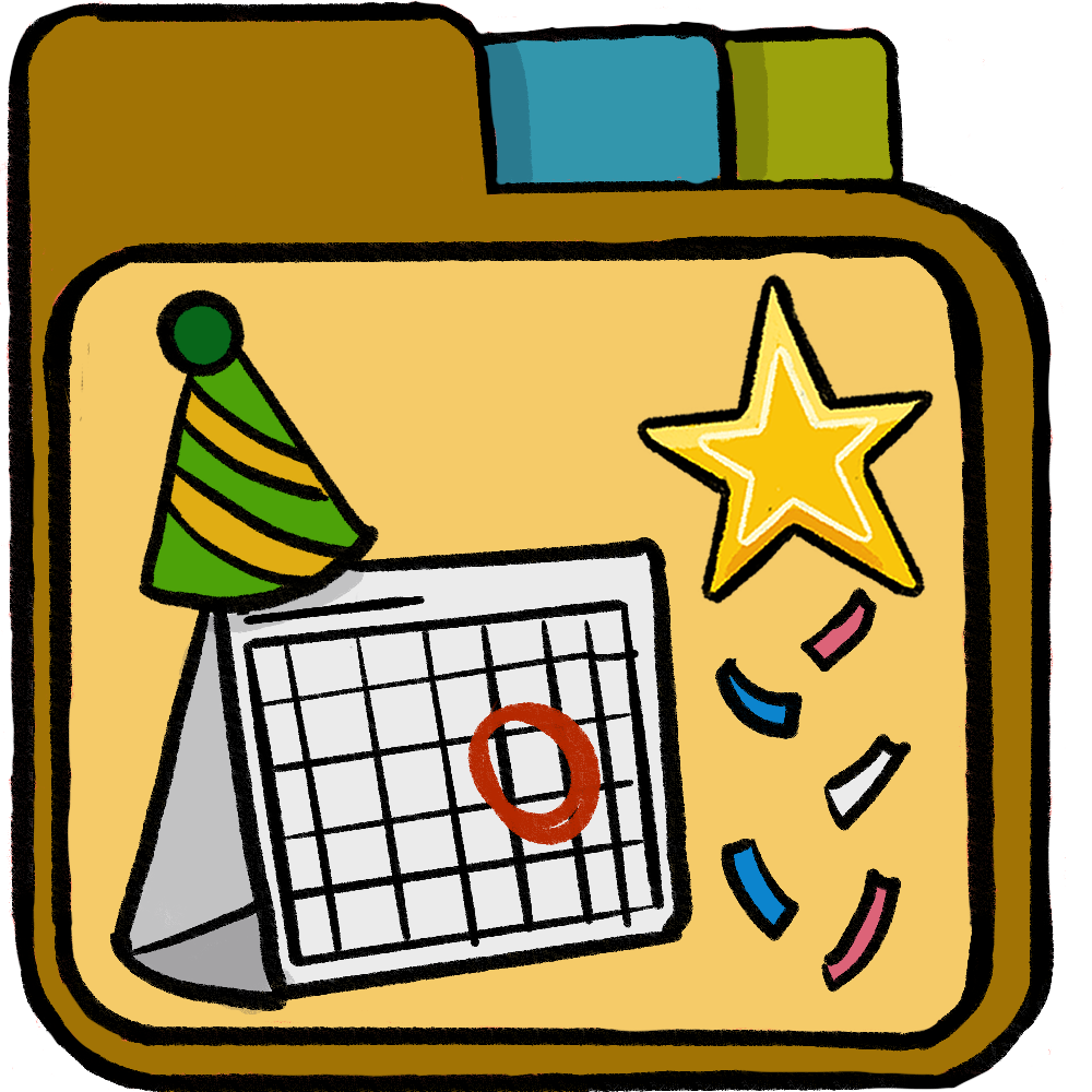 a yellow file folder with a calendar, a party hat, confetti, and a star inside